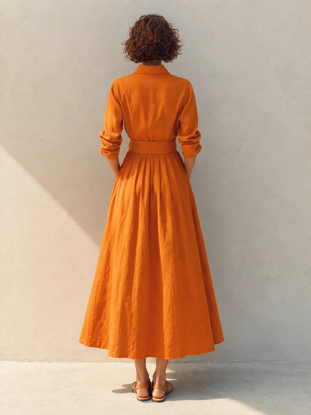 Women's Resort-Style Orange Collared Long-Sleeve Belted Cinched-Waist Linen Shirt Midi Dress MDZ1443G2CMX