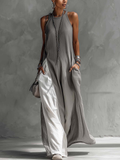 Color-blocked Gray Sleeveless Polyester Cotton Linen Maxi Dress