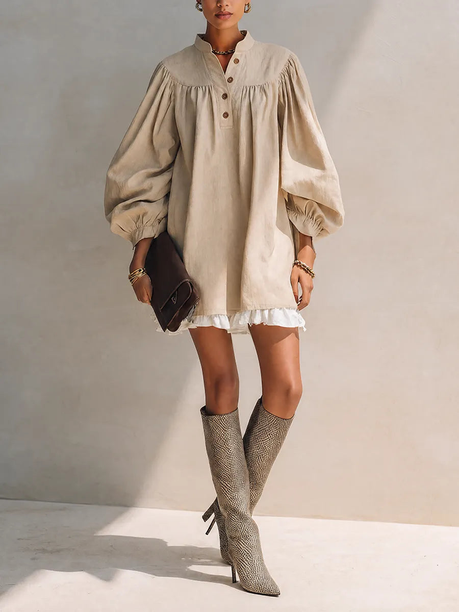 Women's Beige Cotton Blend Stand Collar Balloon Sleeve Mini Shirt Dress MDZ1784G0ZRK