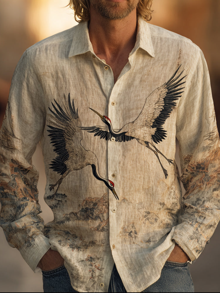 Japanese Playful Crane Retro Linen And Cotton Collar Shirt