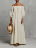 Women's Minimalist Off-the-shoulder Three-quarter Sleeve Embroidered Maxi Dress MDZ3063A3Y
