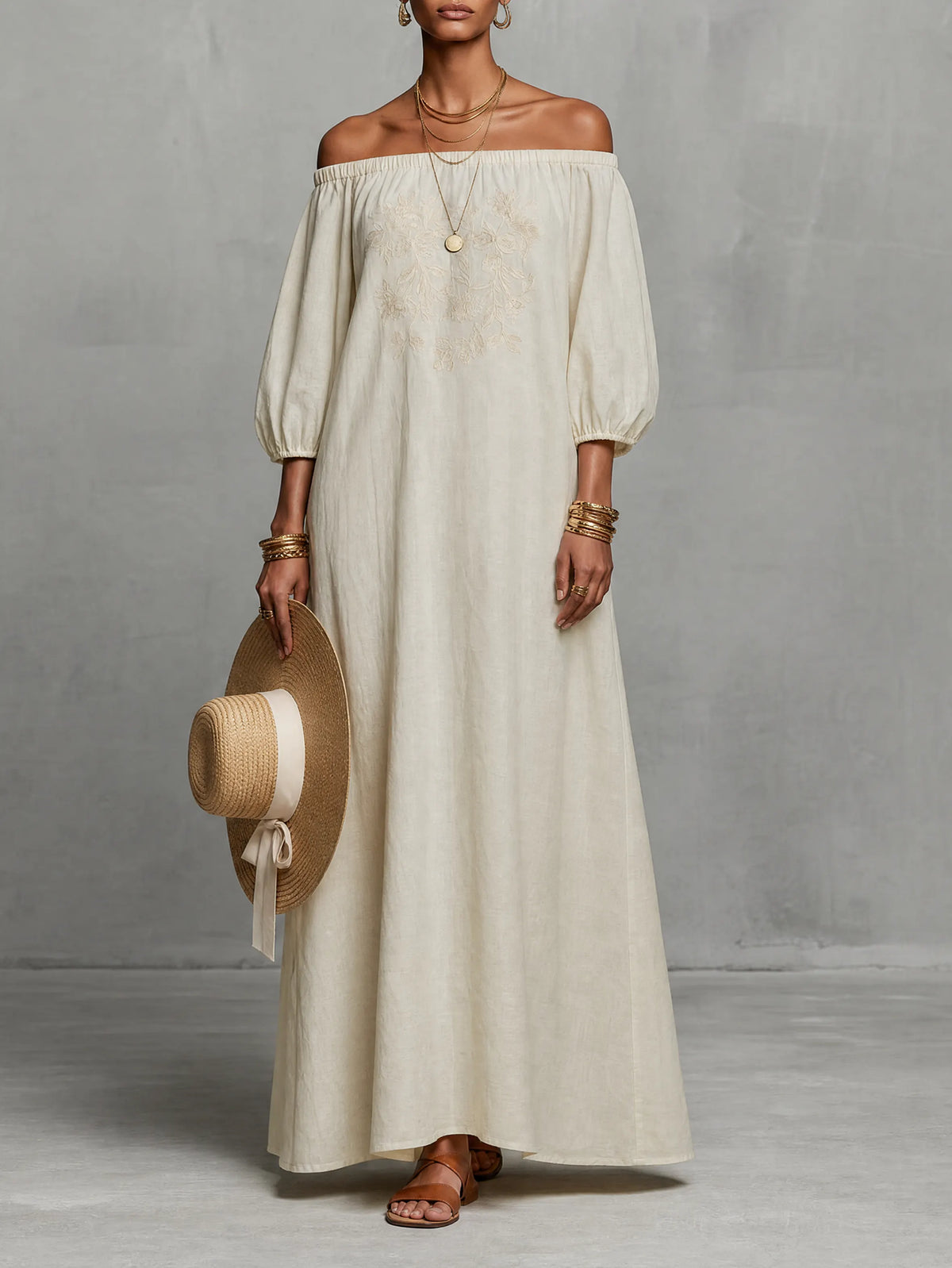 Women's Minimalist Off-the-shoulder Three-quarter Sleeve Embroidered Maxi Dress MDZ3063A3Y