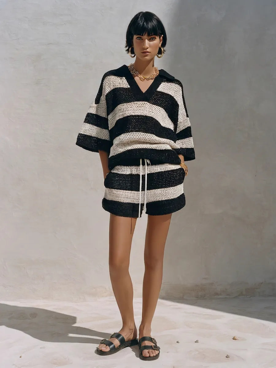 Women's Coastal Black And White Striped Crochet Knit V-Neck Short Sleeve Top And Drawstring Shorts Two-Piece Set MDZ1013G8ZSQ