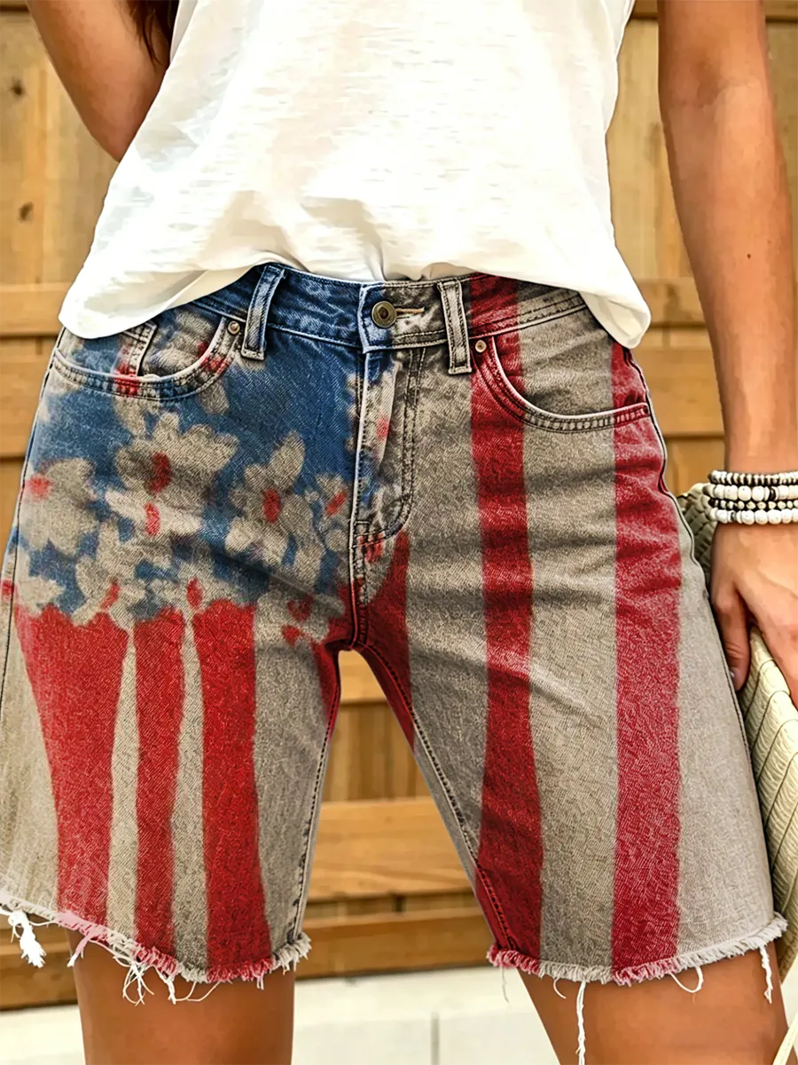 Women's Flag Floral Print Frayed Hem Denim Bermuda Shorts