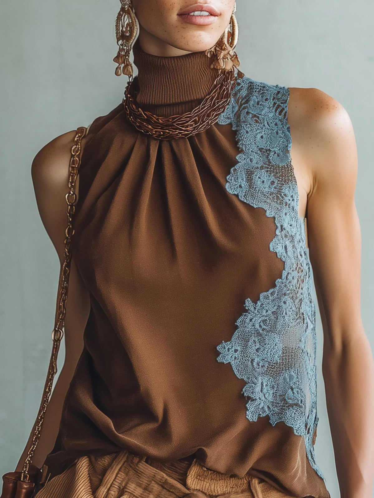 Brown Satin Lace Patchwork Sleeveless Top