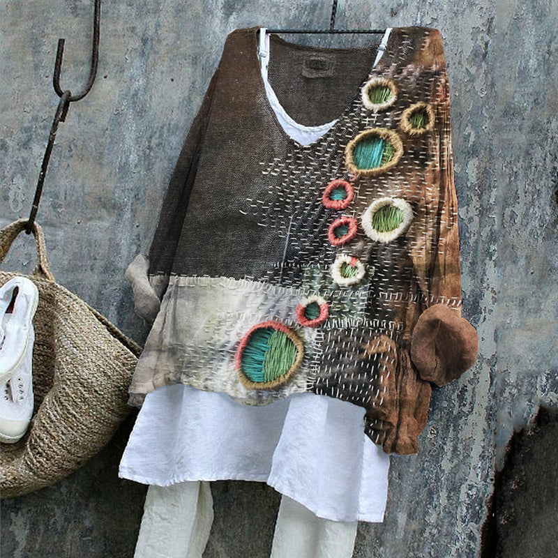 Geometric Embroidered Patchwork Textile Art Linen Blend Tunic