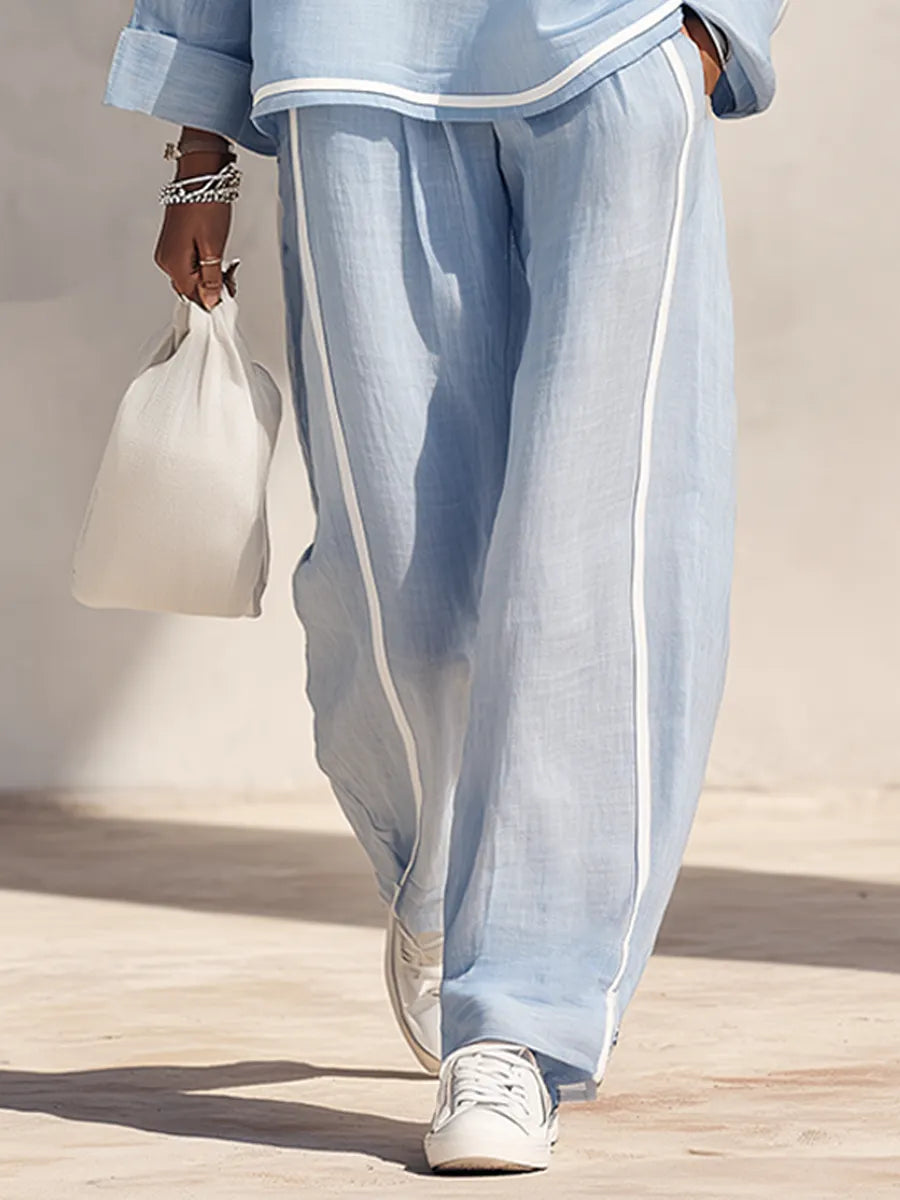 Women's Light‑Blue Linen Fabric Stand‑Collar Half‑Zip Oversized Top & Wide‑Leg Pants Set MDZ1594G5ZRK