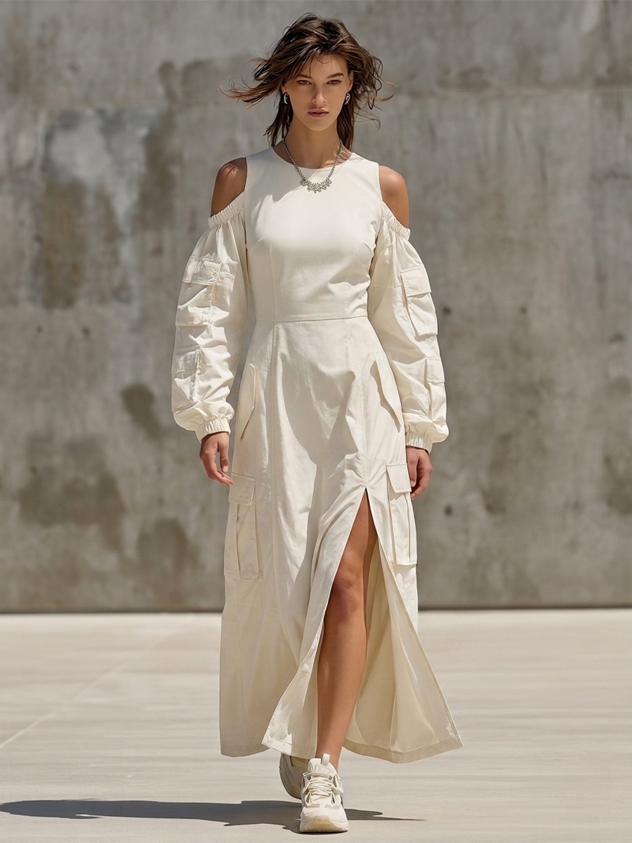 Women's Off White Cotton Blend Cargo Maxi Dress With Cold Shoulder Cutout & Multi Flap Pockets, Streetwear Front Split Long Sleeve Maxi Dress MDZ2259G1LYL