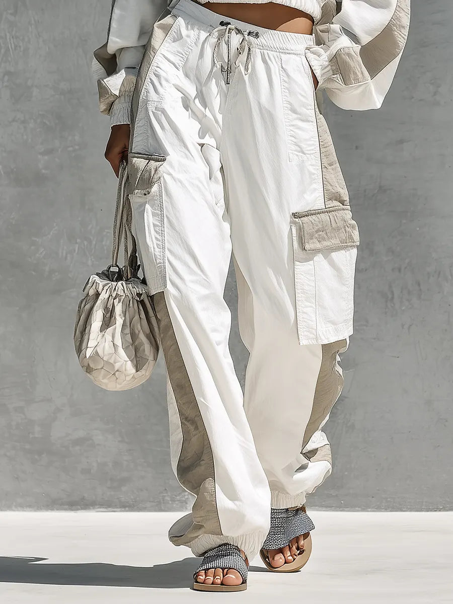 Women's Two Tone Patchwork Asymmetrical Cold Shoulder Hooded Sweatshirt Multi Pocket Cargo Pants Tracksuit Set MDZ0802G2YZJ
