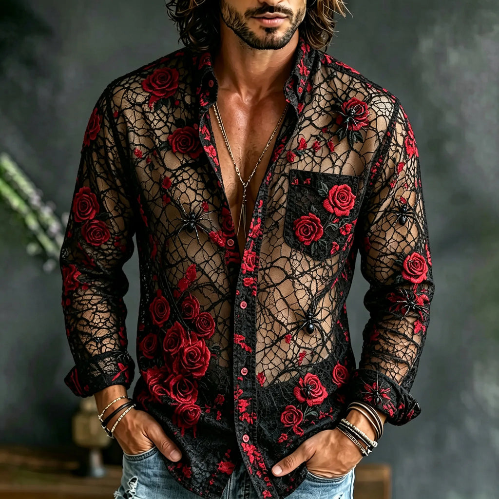 Men's Retro Halloween Spider Rose Print Long-sleeved Cotton Linen Shirt