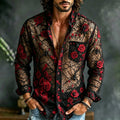 Men's Retro Halloween Spider Rose Print Long-sleeved Cotton Linen Shirt
