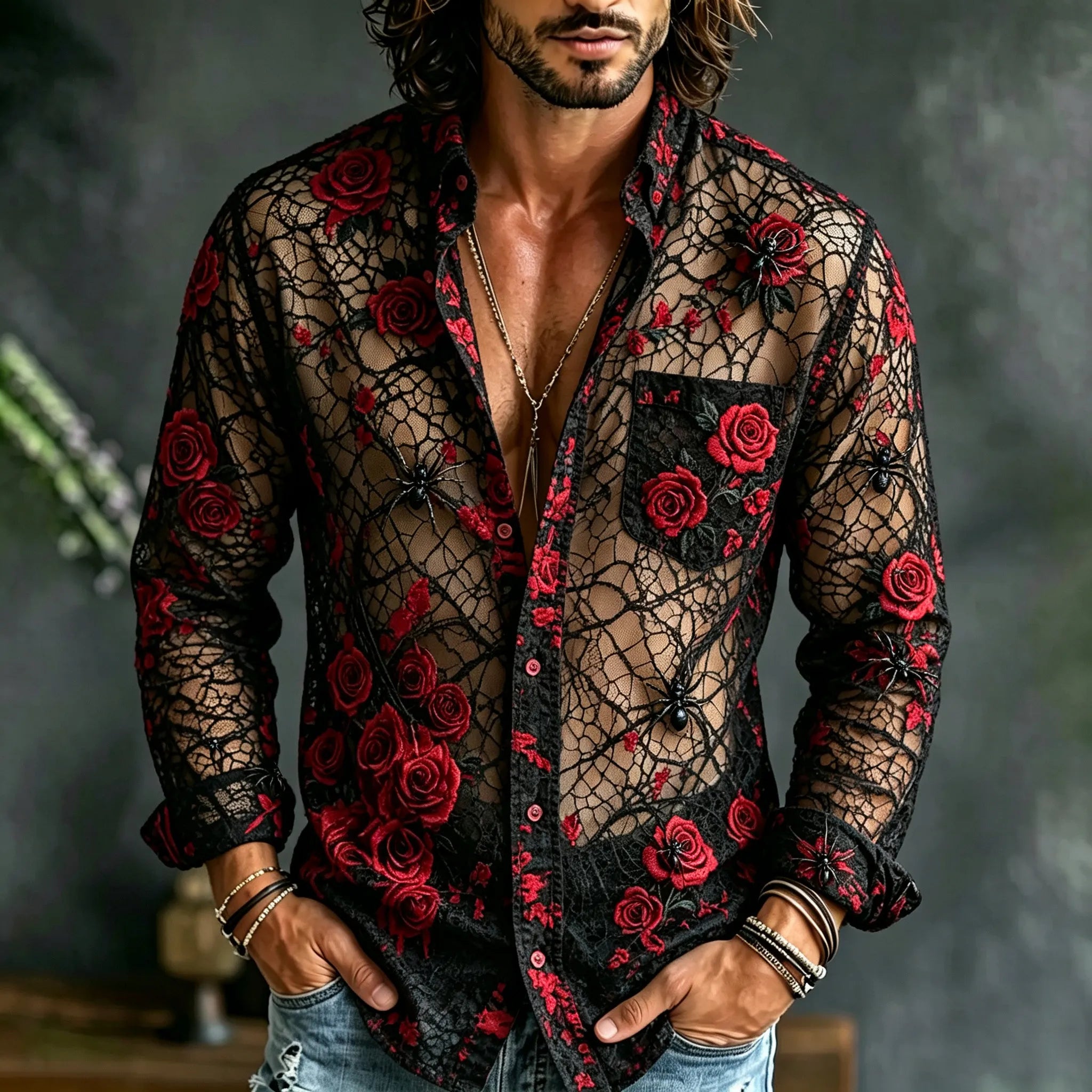 Men's Retro Halloween Spider Rose Print Long-sleeved Cotton Linen Shirt