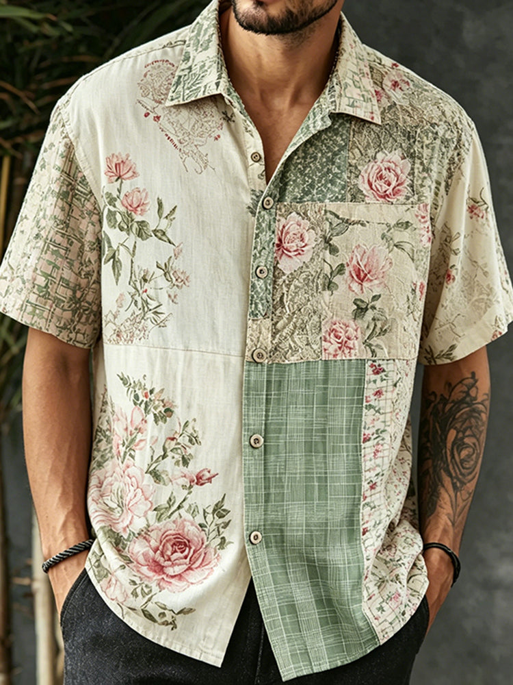 Men's Floral Plaid Patchwork Art Print Linen Blend Casual Shirt