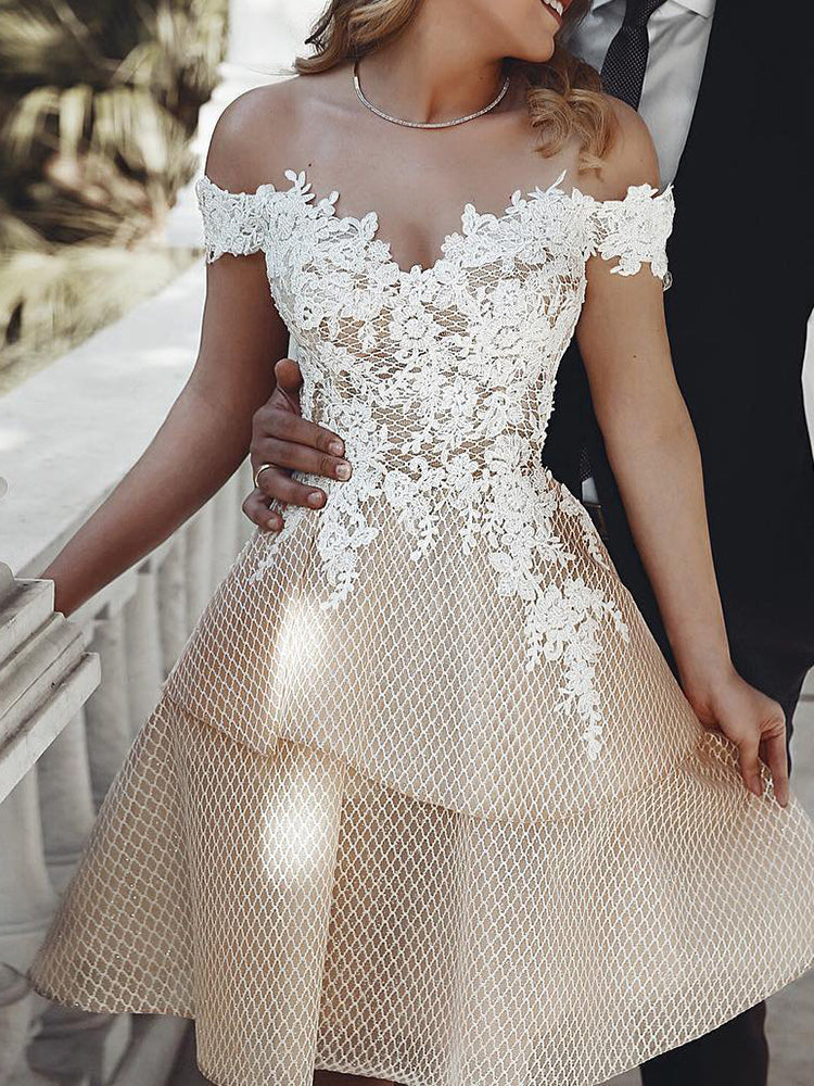 Elegant Off-The-Shoulder Embroidered Empire A-Line Wedding Mini Dress