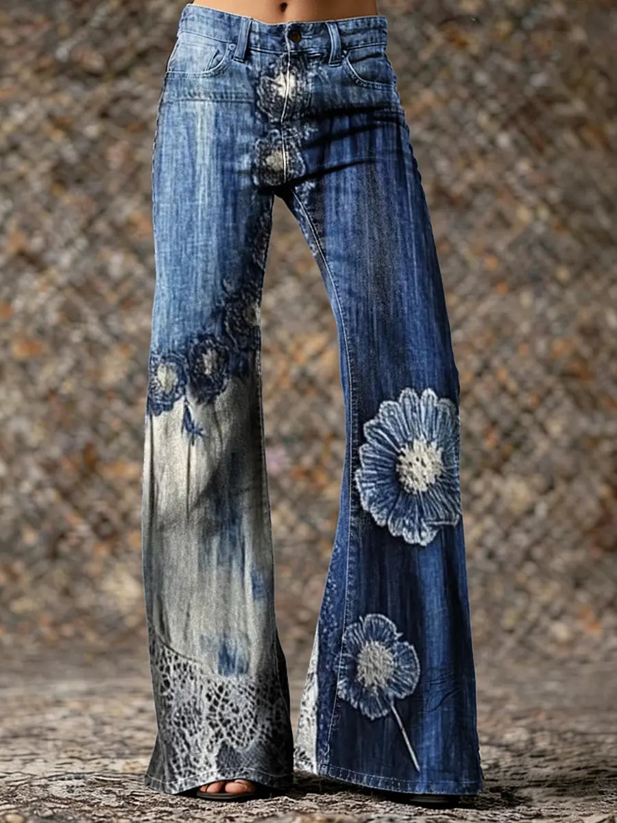 Women's Floral Patchwork Art Print Casual Washed Pants