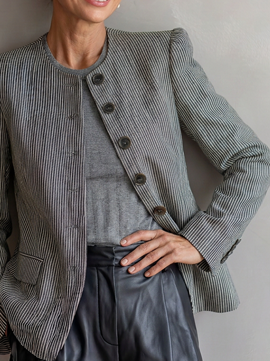 Women's Grey White Striped Woven Blazer With Standless Crew Neck & Cuff Button Accents, Minimalist Vintage Office Long Sleeve Jacket MDZ1552G7LYL