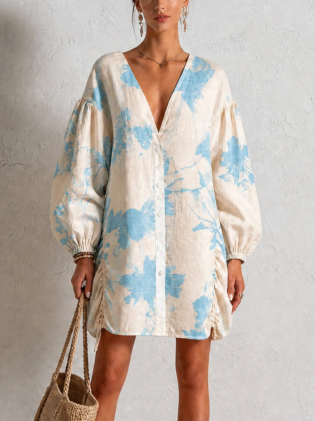 Women's Floral Print V-Neck Lantern Sleeve Button Down Mini Dress