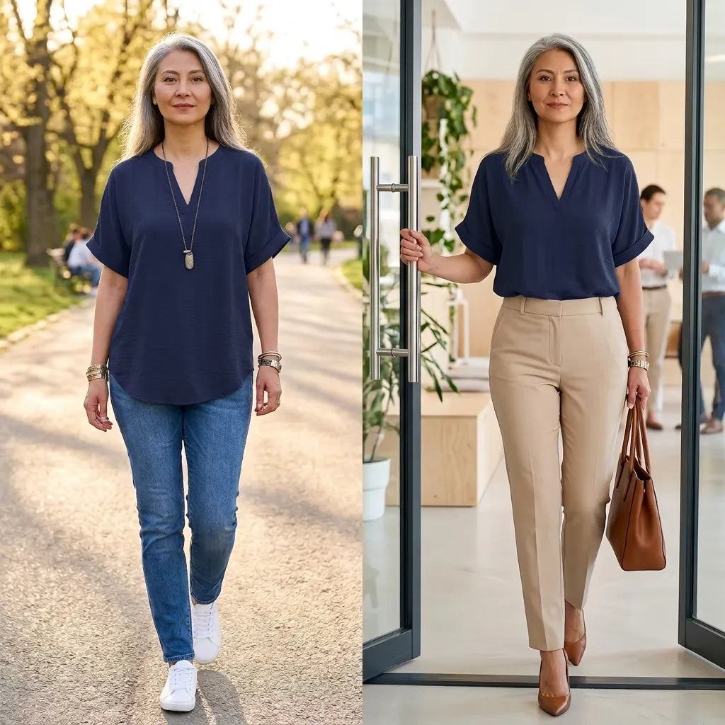 Wovena – Women's Breezy V Neck Blouse with Curved Hem
