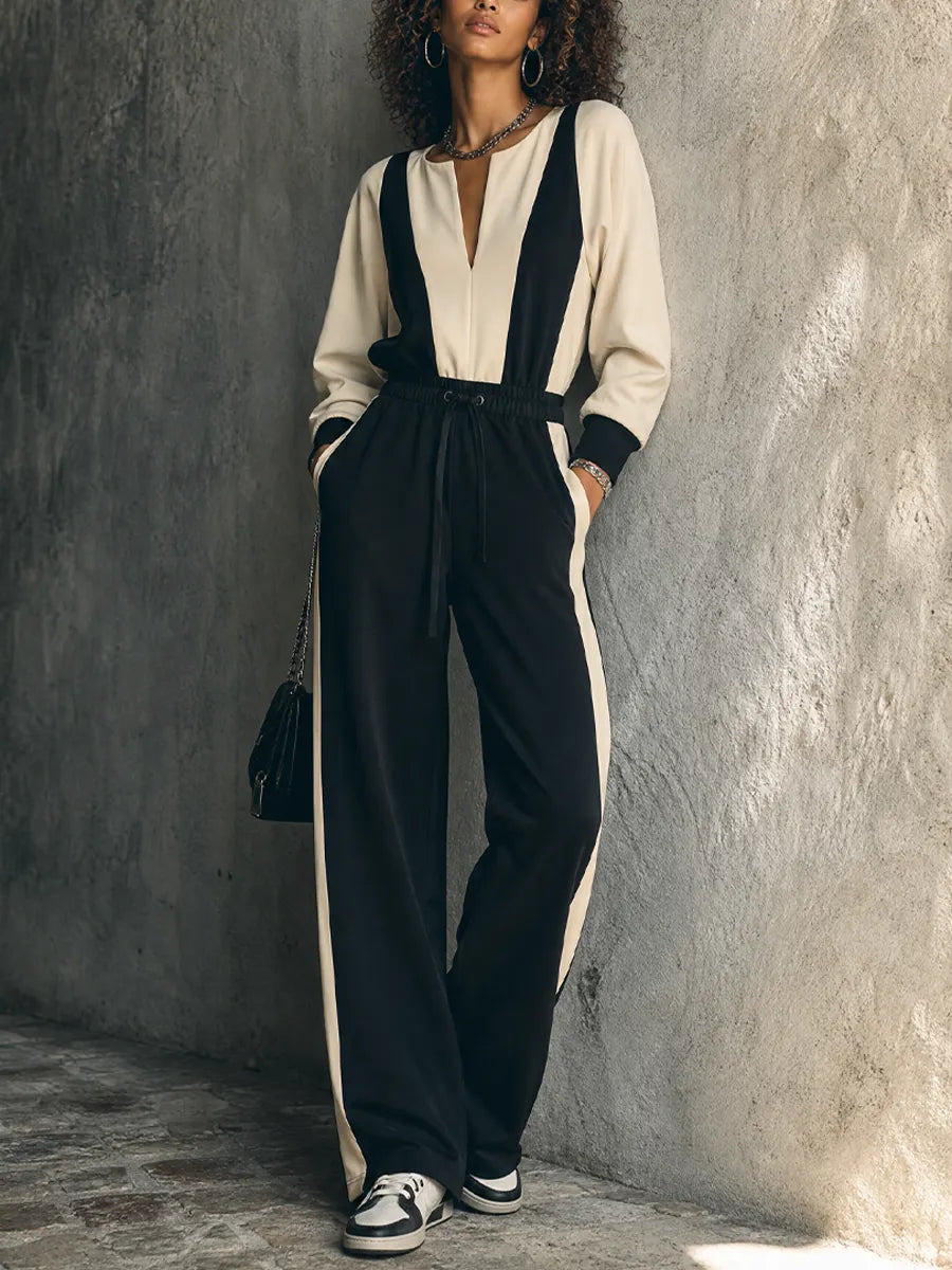Women's Casual Sporty Black And White Knitted Cotton Blend Color Block Drawstring Waist Wide Leg Full Length Jumpsuit MDZ1360G4GMJ