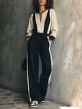 Women's Casual Sporty Black And White Knitted Cotton Blend Color Block Drawstring Waist Wide Leg Full Length Jumpsuit MDZ1360G4GMJ
