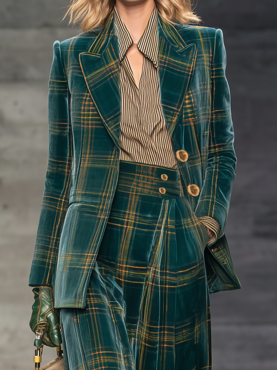 Retro And Fashionable Green Plaid Velvet Blazer High Waist Wide Leg Pants Set