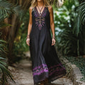 Bohemian Lavender Embroidery Sleeveless  Cozy Linen Maxi Dress