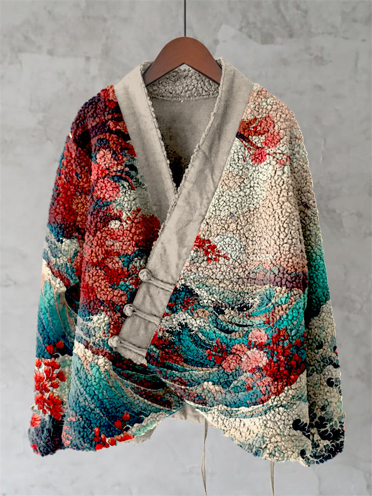 Vintage Floral Sea Wave Japanese Art  Women'S Kimono Cardigan