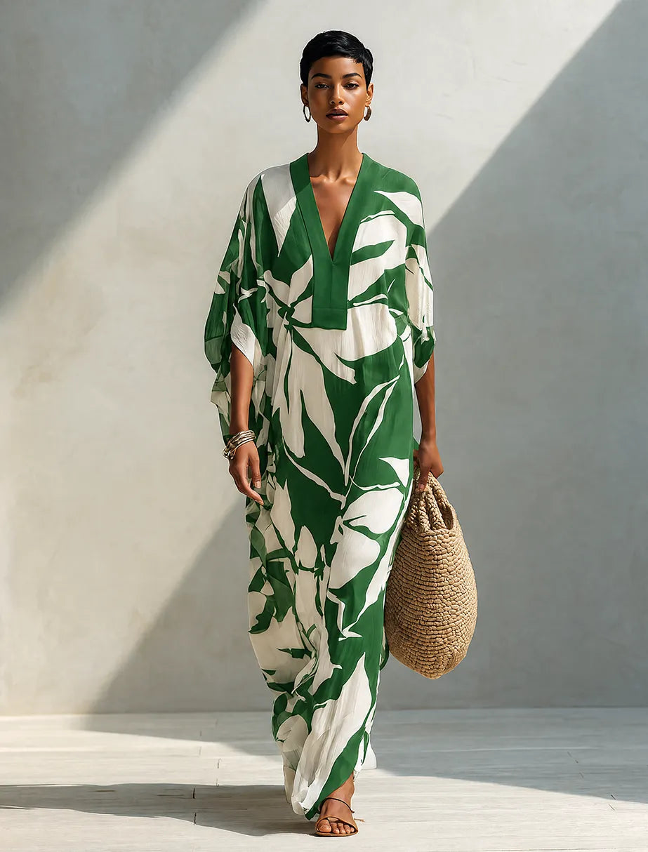 Women's Resort Style White Linen Long Dress With Green Leaf Print MDZ0764G4ZRK