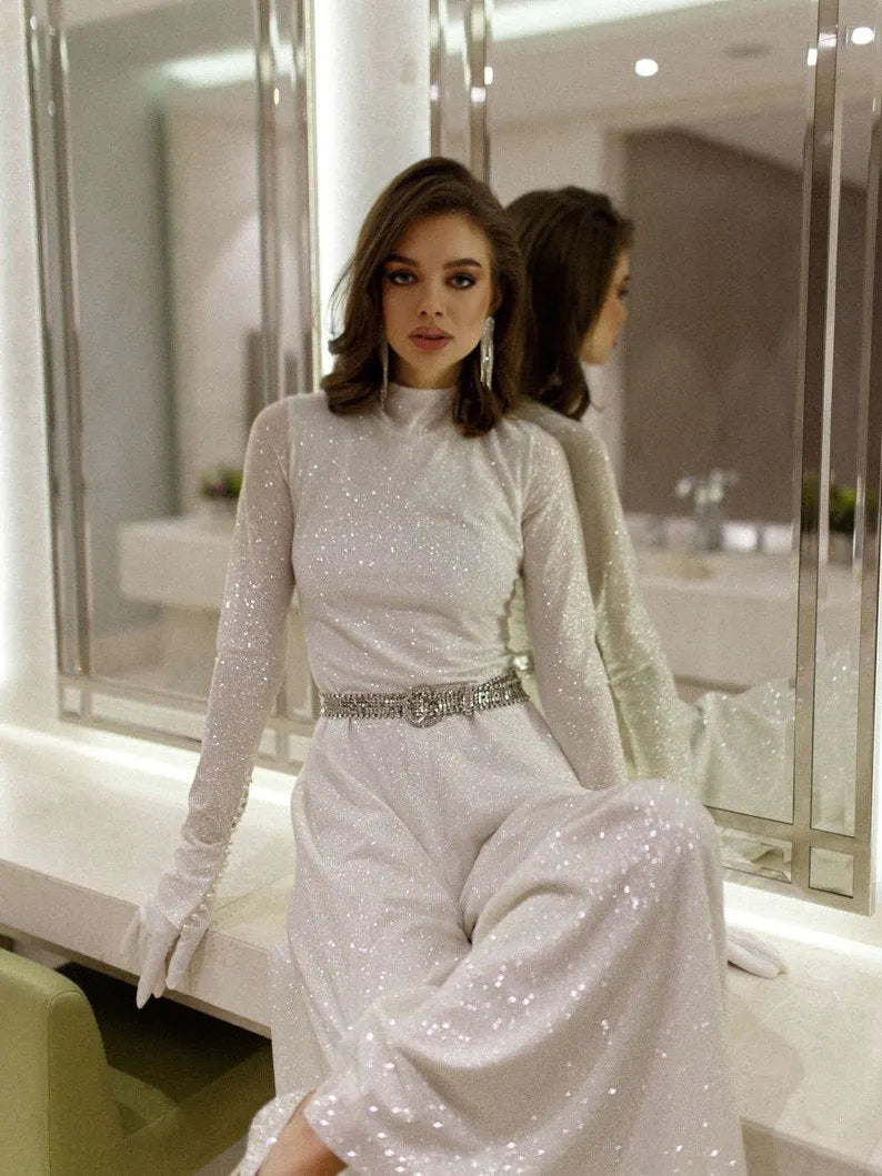 Neosepa-Shimmering Sequin Round neck Wide Leg Graceful Wedding Jumpsuit (Without Gloves)