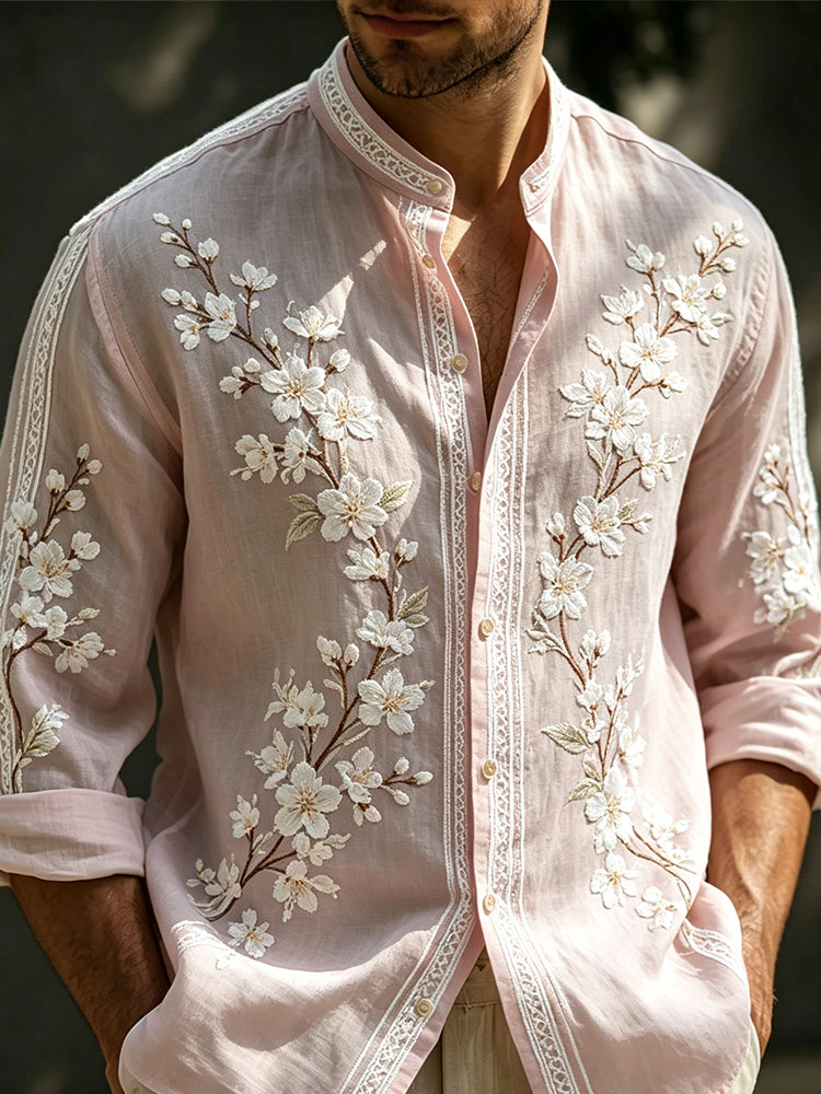 Men's Spring Cherry Blossom Art Embroidery Comfortable Cotton Linen Long Sleeve Cardigan Shirt