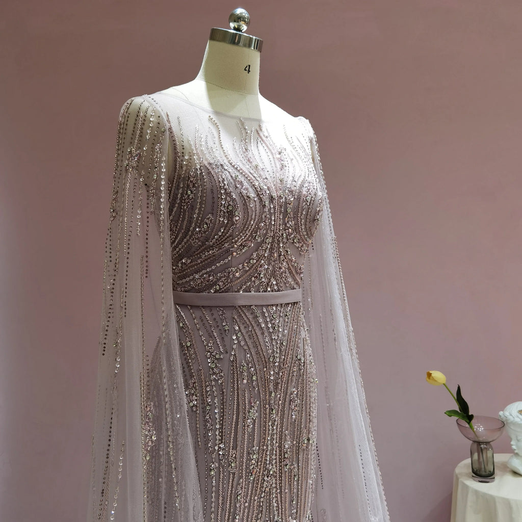 Dreamy Vow Luxury Dubai Pink Mermaid Evening Dress with Cape Sleeve Arabic Gold Formal Dresses for Women Wedding Party 024