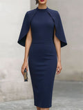 Elegant Navy Cape-Sleeve Midi Dress