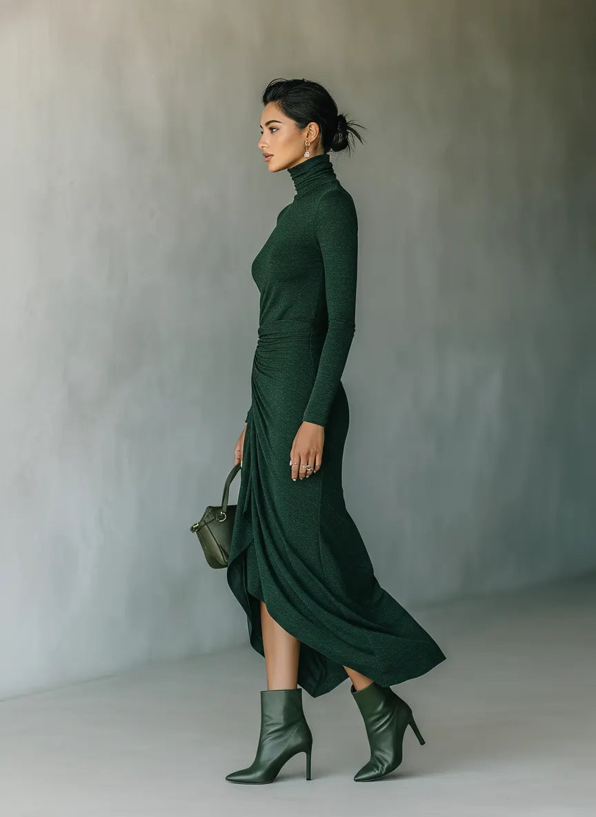 Women's Dark Green High-elastic Knitted High-neck Wrap Dress Midi Dress MDA2023J2T