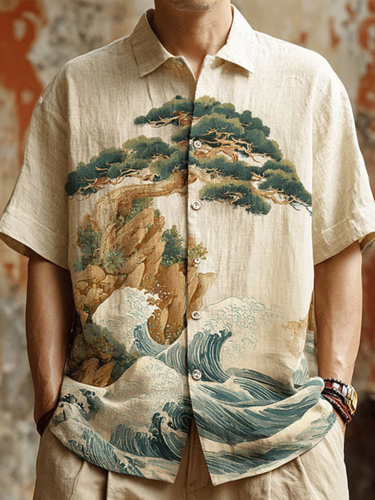 Men's Japanese-style Landscape Pattern Linen Short-sleeved Shirt