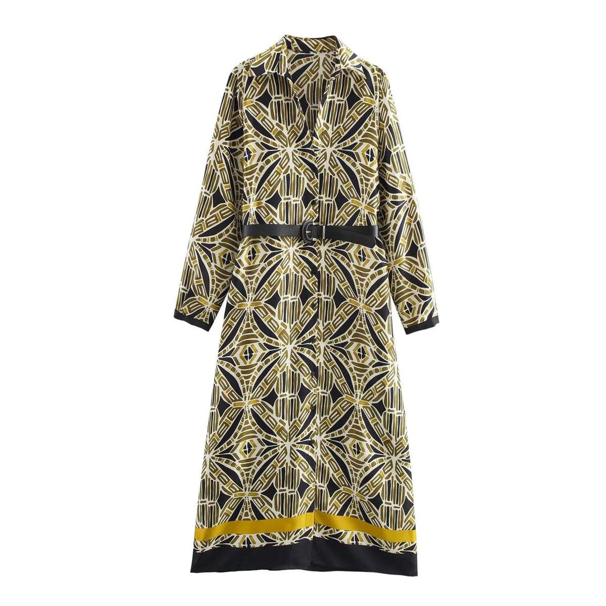 Dahlia Geometric Print Belted Midi Shirt Dress - Long Sleeve Maxi Shirt Dress