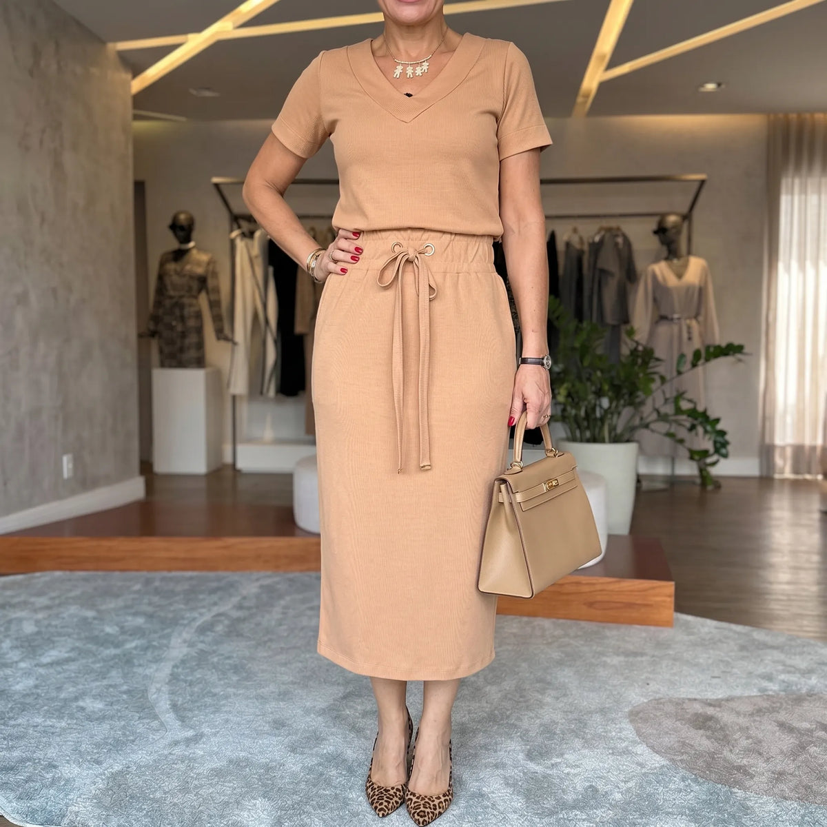 Saviya – Women's Ribbed V-Neck Top and Midi Skirt Set