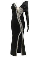 One Sleeve Bardot Crystal Maxi Dress Black