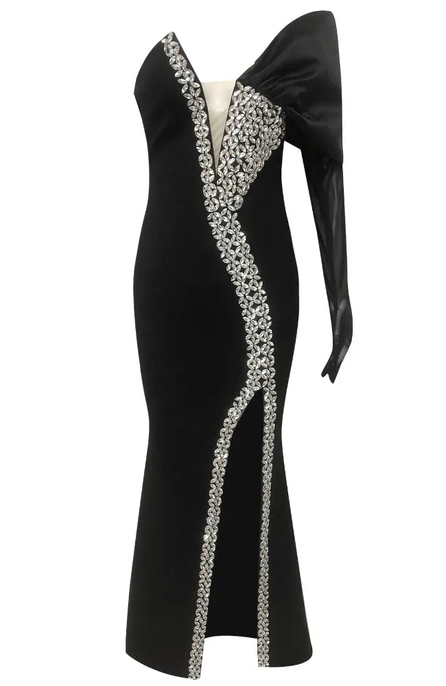 One Sleeve Bardot Crystal Maxi Dress Black