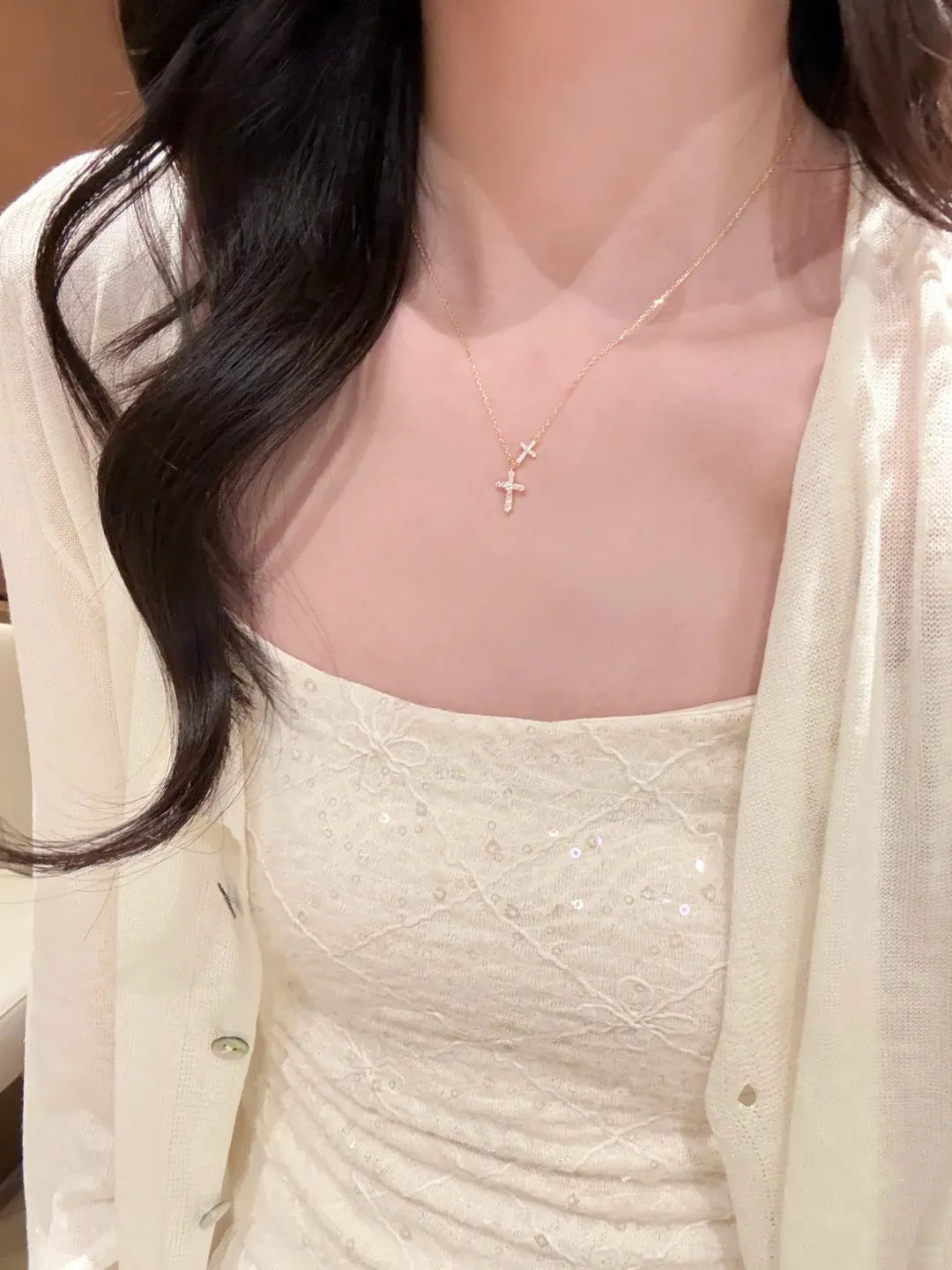 Gold Double Cross Pendant Necklace