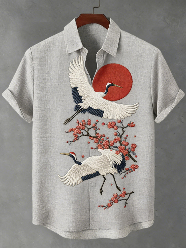 Men's Japanese-style Floral And Crane Print Short-sleeved Shirt