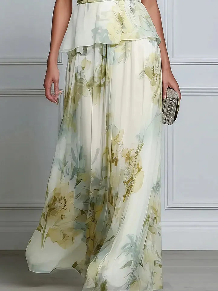 Layered Floral Sleeveless Waist Flowing Maxi Dress