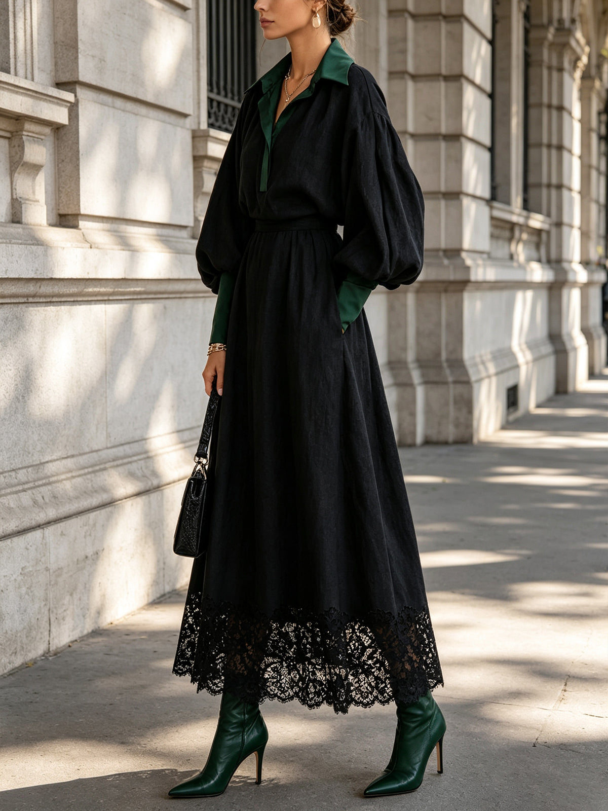 Contrast Collar Puff Sleeve Lace Hem Maxi Dress Set