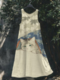 Lovely Cat Japanese Art V Neck Linen Maxi Dress