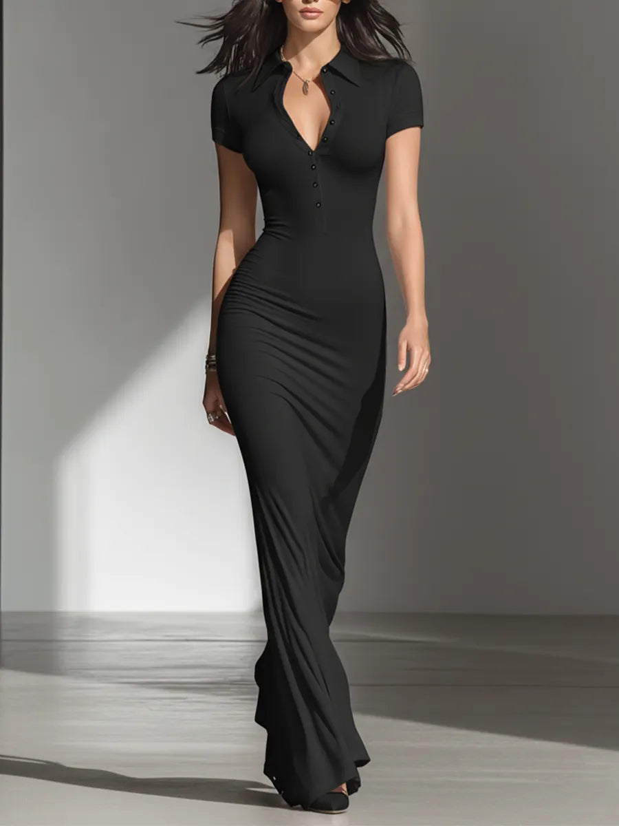 Women's Solid Black Soft Jersey Floor Dress With V Neck Henley Buttons & Figure-Hugging Silhouette, Modern Minimalist Casual Formal Maxi Dress MDZ2617F2LYL