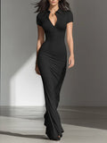 Women's Solid Black Soft Jersey Floor Dress With V Neck Henley Buttons & Figure-Hugging Silhouette, Modern Minimalist Casual Formal Maxi Dress MDZ2617F2LYL