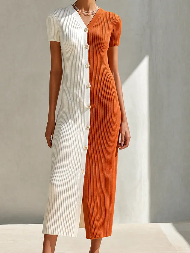 Women's Modern Ivory And Terracotta Color-Block Ribbed Knit V-Neck Short Sleeve Button-Front Midi DressMDZ2102G3ZSQ