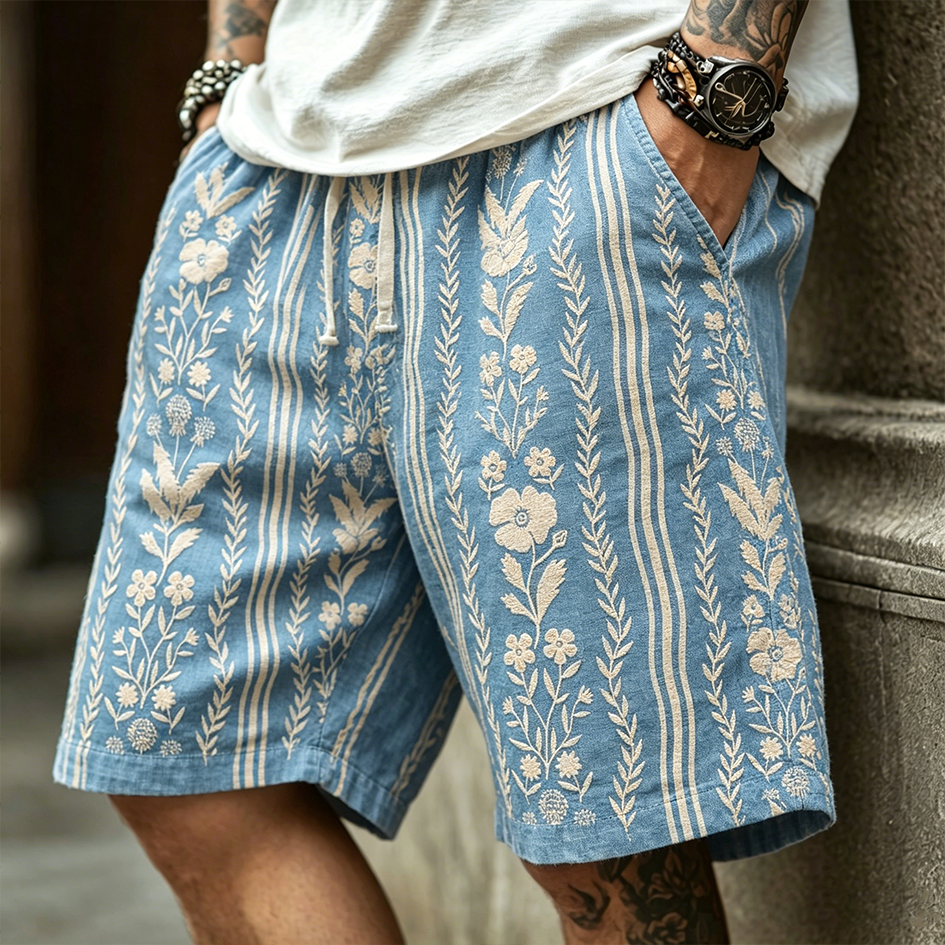 Bohemian Plant Flower Embroidered Pattern Retro Casual Linen Shorts