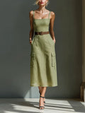 Women's Olive Green Linen Fabric Sleeveless Midi Dress With Cargo Pockets & Belted Waist MDZ2753A1T