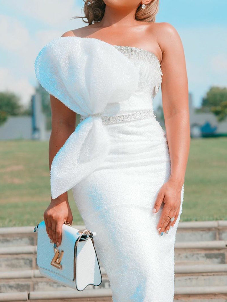 Fashion Bandeau Bowknot Sequined Backless White Wedding Midi Dress