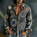 Men's Casual Texture Embroidered Art Print Flowy Linen Blend Shirt